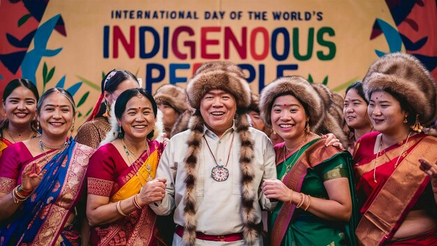 a group of people are standing in front of a poster that says  international people