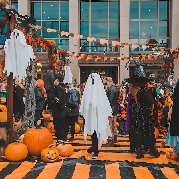 Photo a group of people are standing in front of a pumpkin patch