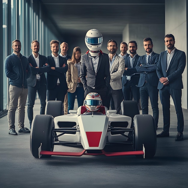 Photo a group of people are standing in front of a race car