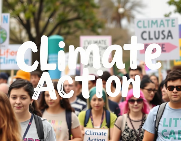 Photo a group of people are standing in front of a sign that says climate action