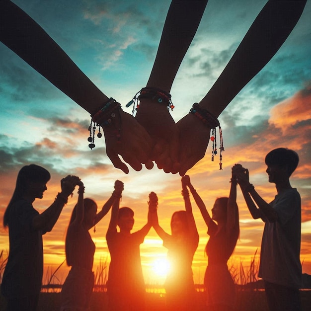 a group of people are standing in front of a sunset