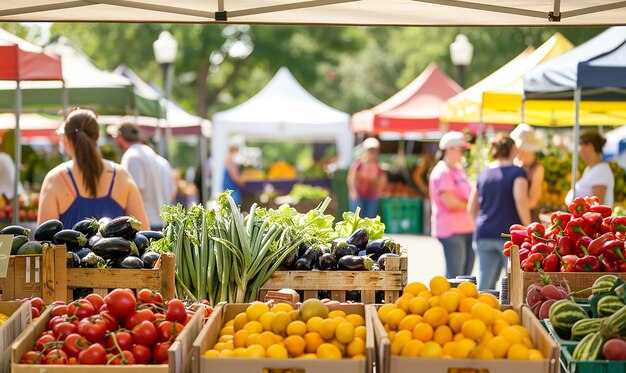 a group of people are standing in front of a table of fruits and vegetables