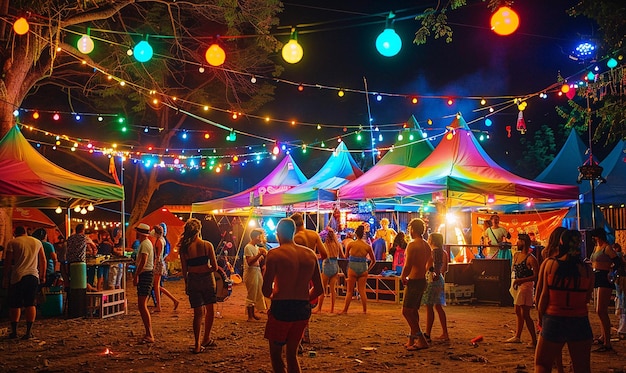 a group of people are standing in front of a tent with lights on it