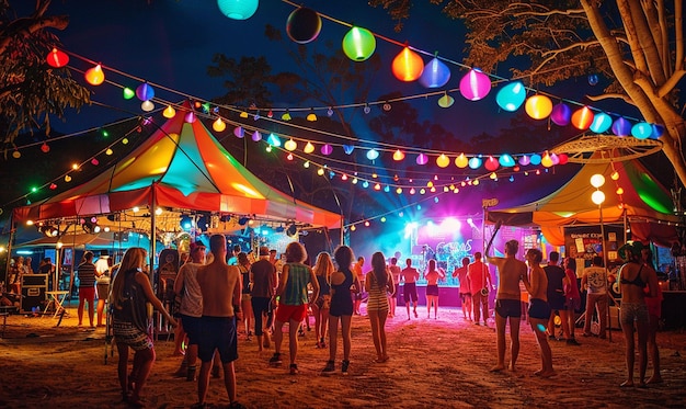 a group of people are standing in front of a tent with the lights on