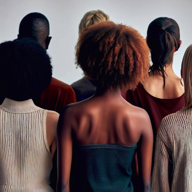 A group of people are standing in front of a white background.