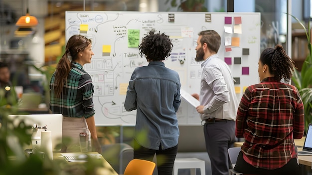 Photo a group of people are standing in front of a white board with notes on it