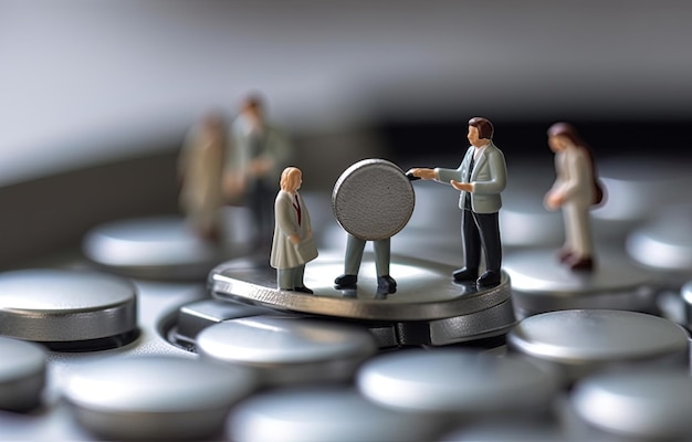 A group of people are standing on a keypad with a coin on it.