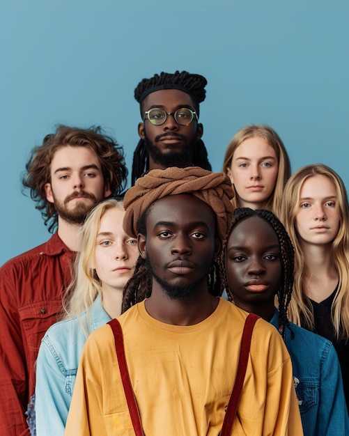 A group of people are standing in a line with one man wearing a yellow shirt