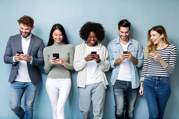 a group of people are standing in a line with their phones