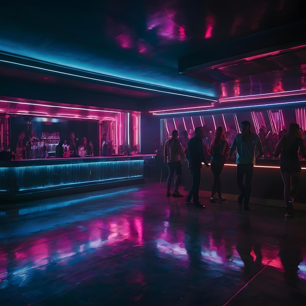 a group of people are standing in a nightclub with neon lights