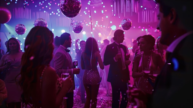 Photo a group of people are standing in a nightclub with a pink light in the background