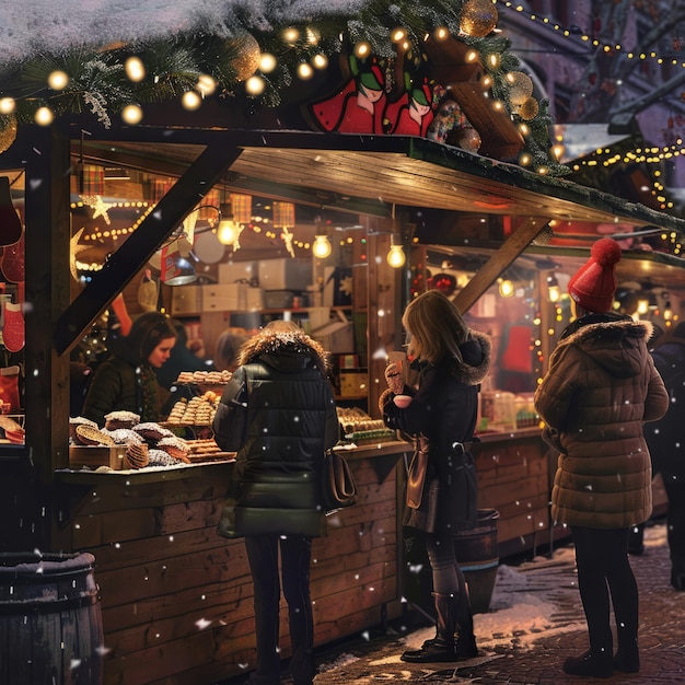 Photo a group of people are standing outside a christmas market looking at the food