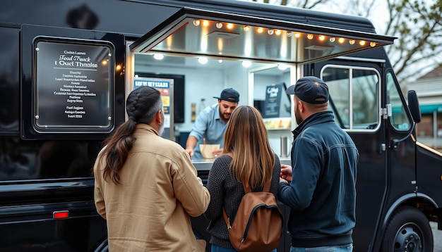 Photo a group of people are standing outside of a food truck