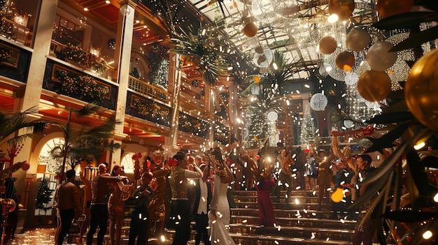 Photo a group of people are standing in a room with confetti on the floor