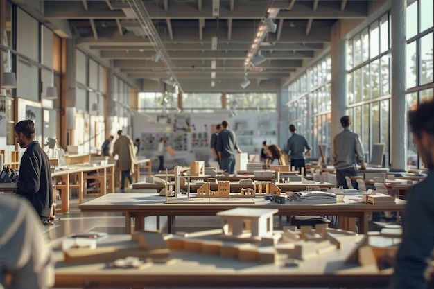 a group of people are standing in a room with a table with buildings on the top