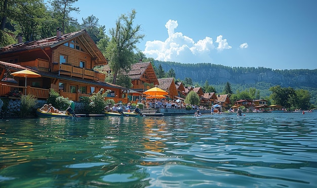 a group of people are swimming in a lake with a yellow umbrella