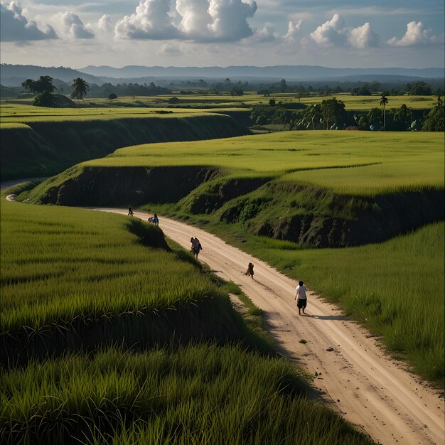 Photo a group of people are walking down a dirt road