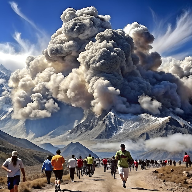 a group of people are walking down a road with a volcano in the background