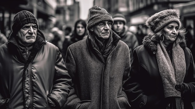 A group of people are walking down a street, one of them has a hat on.