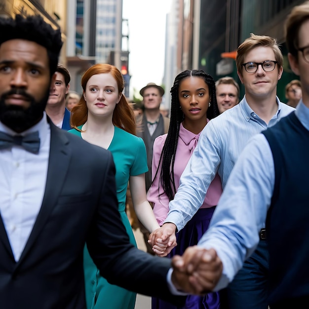 Photo a group of people are walking down a street one of which has a man in a suit and tie