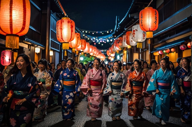 a group of people are walking down a street with lanterns around them