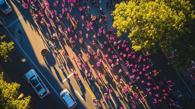 a group of people are walking down a street with a pink shirt that says quot pink quot