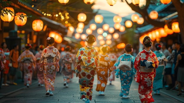 a group of people are walking in a line with lanterns in the background