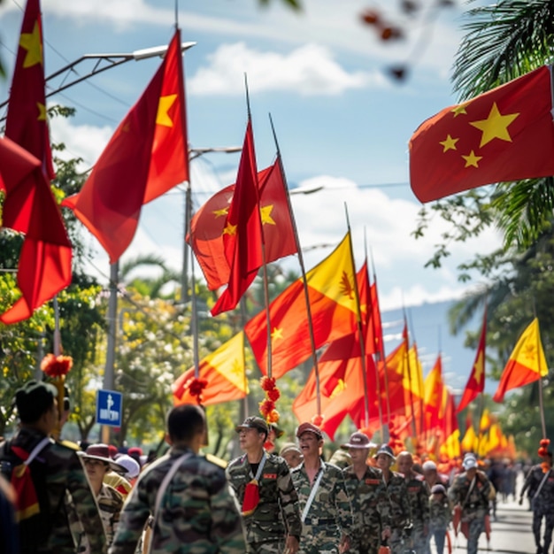 a group of people are walking in a parade with flags and one of them has a red star on it