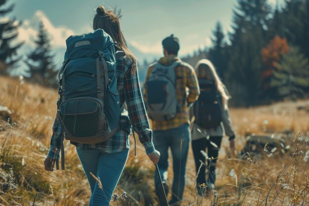 Photo a group of people are walking through a field with backpacks