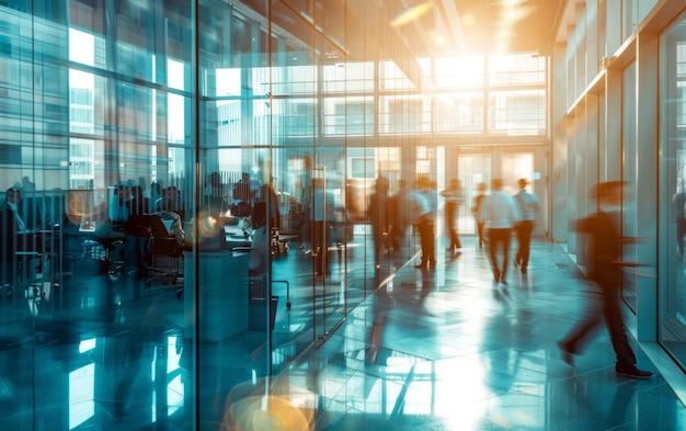 a group of people are walking through a large glass building