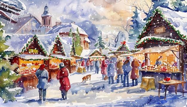 A group of people are walking through a snowy market