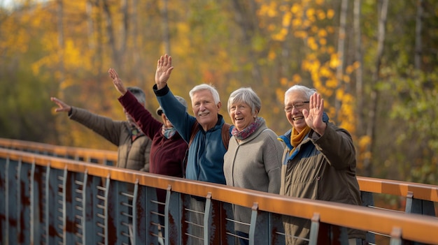 a group of people are waving on a bridge with the word quot on it quot