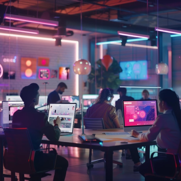 A group of people are working in a brightly lit room with neon lights