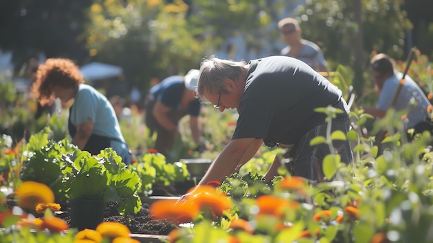 A group of people are working in a community garden They are planting