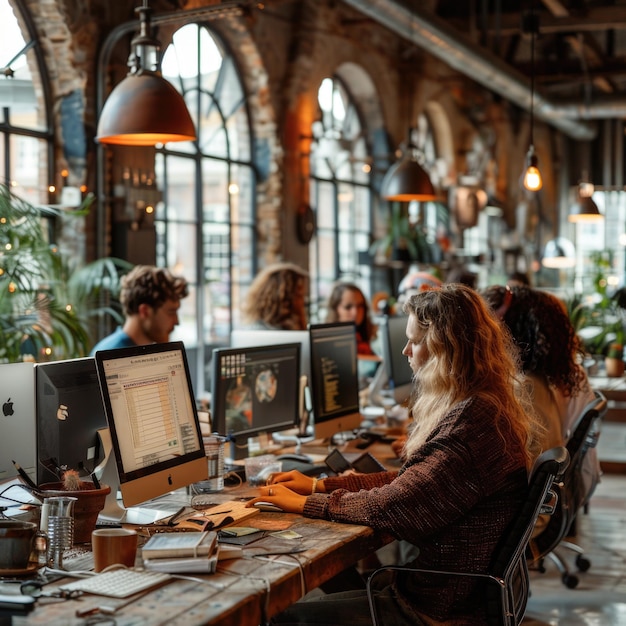 Photo a group of people are working at a computer in a large room