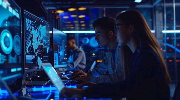 a group of people are working on computers in a room with a screen showing a computer screen that sa