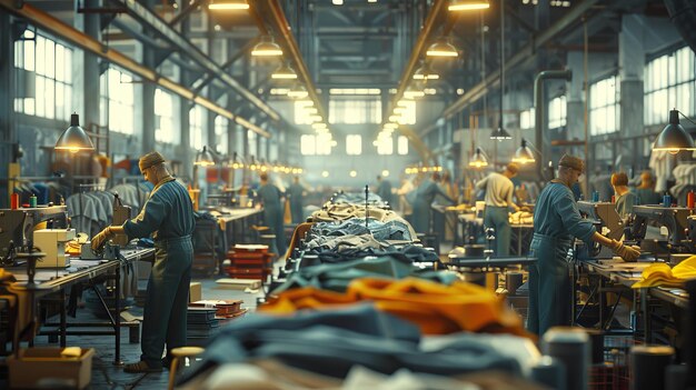 Photo a group of people are working in a factory with rows of folded shirts generative ai