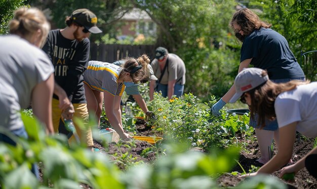 Photo a group of people are working in a garden and one has the word  on it