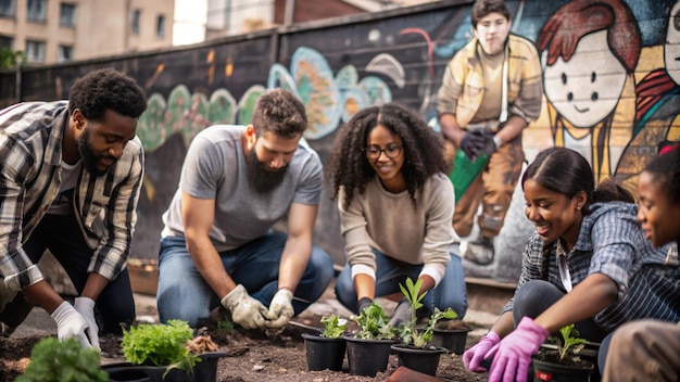 Photo a group of people are working in a garden with plants