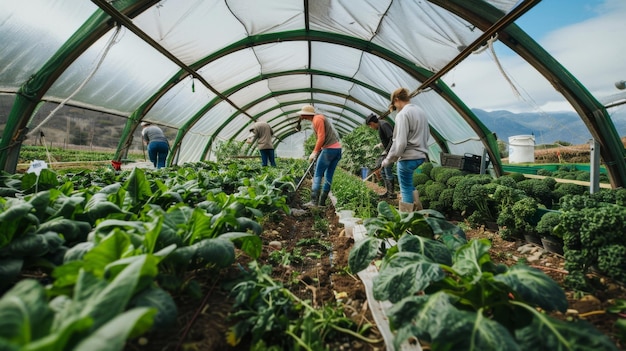 Photo a group of people are working in a greenhouse with a large green canopy