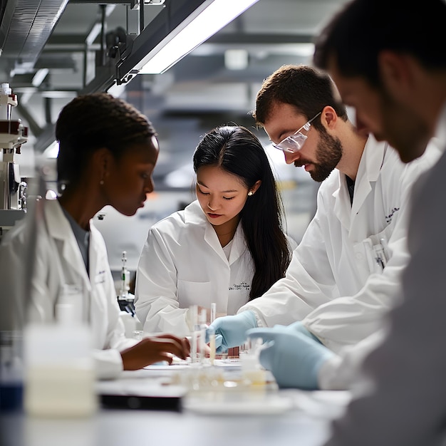 a group of people are working in a lab with a lab coat on