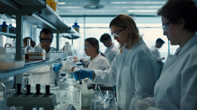 a group of people are working in a lab with lab coats on