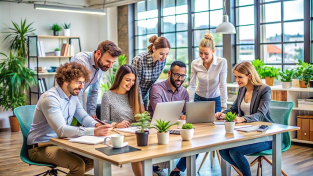 Photo a group of people are working on a laptop in a conference room