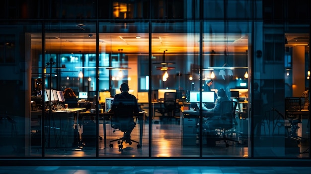 A group of people are working in a large office with a window