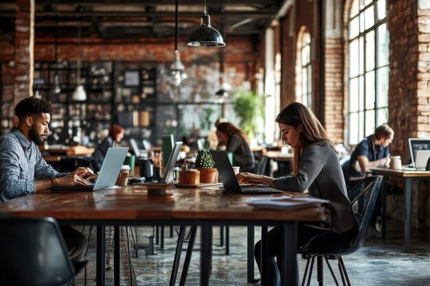 Photo a group of people are working in a large room with a lot of desks and chairs