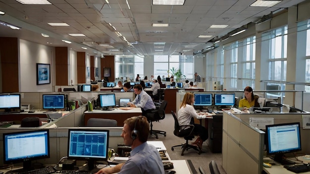 a group of people are working in an office with computers