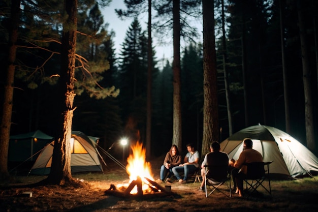 a group of people around a campfire and a tent with a campfire in the background