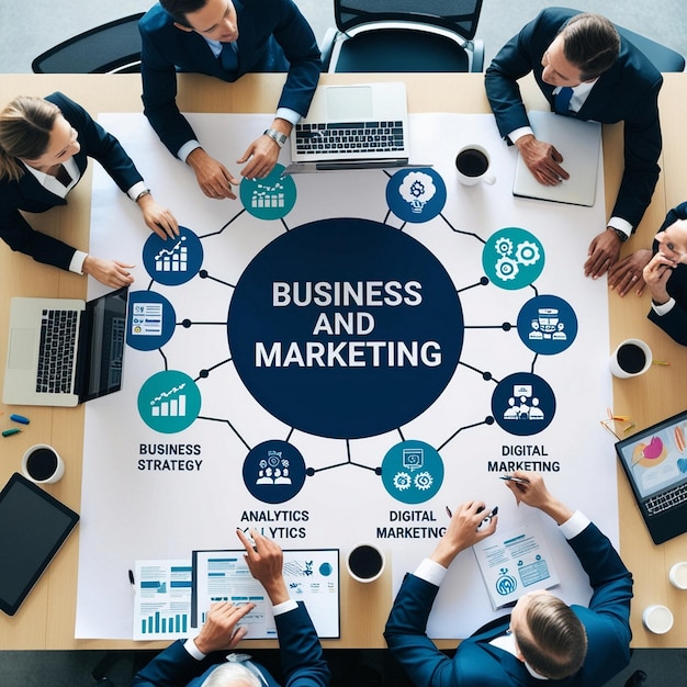 Photo a group of people around a table with a diagram that says business and marketing