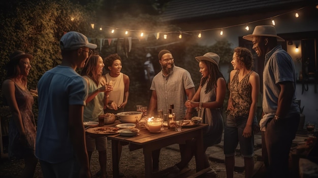 A group of people around a table with a table with food and a bottle of wine.