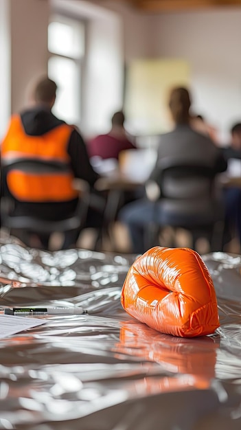 Photo a group of people attending safety seminar on disaster preparedness is depicted in this image focus is on an orange safety cushion placed on reflective surface symbolizing importance of safety measu